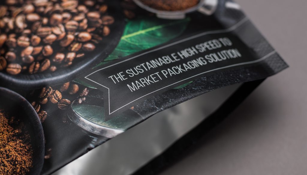 Close-up of printed coffee pouch, showing sustainable message "THE SUSTAINABLE HIGH SPEED TO MARKET PACKAGING SOLUTION"