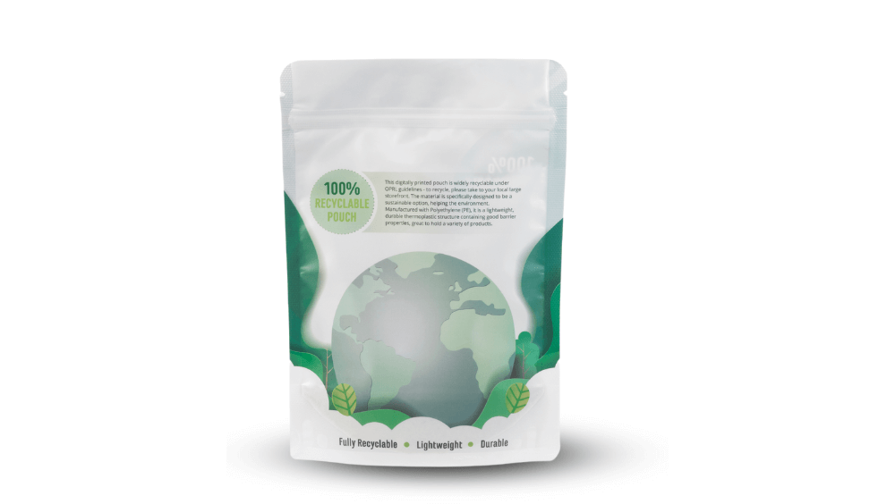 Eco friendly food pouches filled with dry snack products