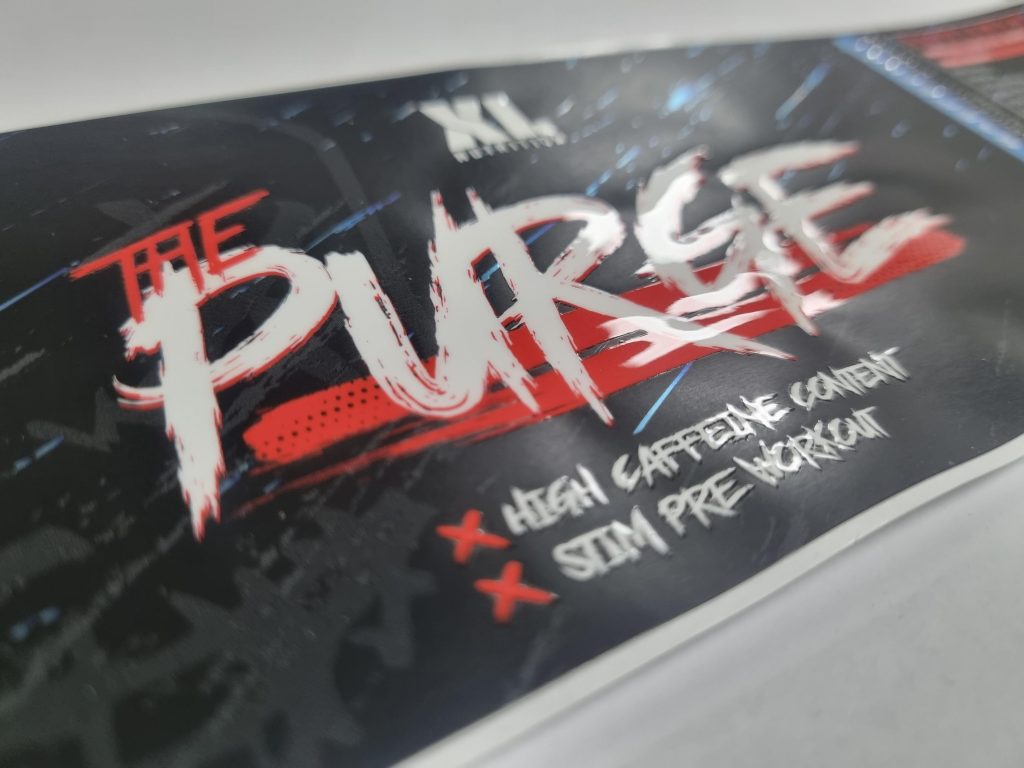 Supplement label, with Purge XL branding with an embossed finish
