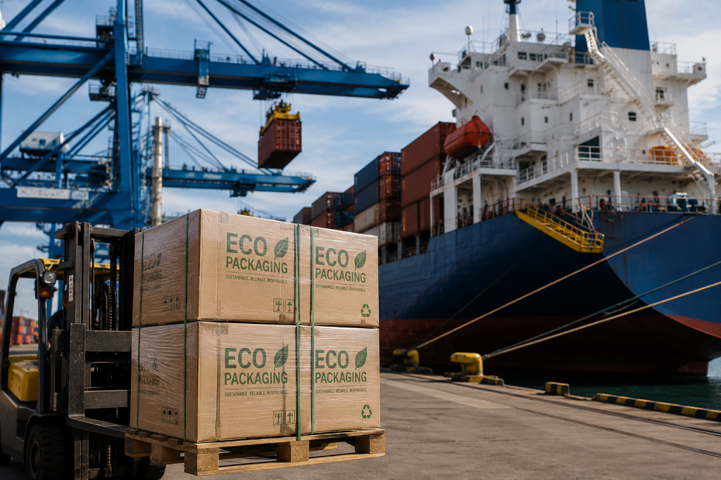 Boxes of eco packaging on the dockside waiting to be loaded onto a ship for export