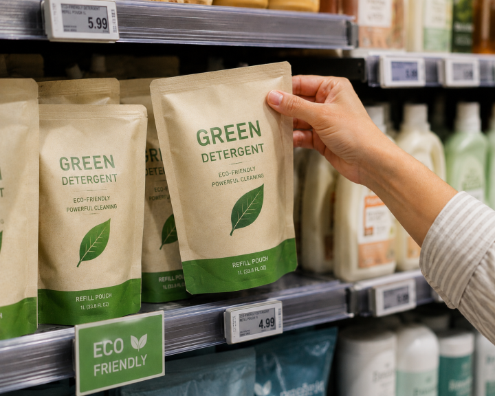 Hand taking an eco pouch from supermarket shelf